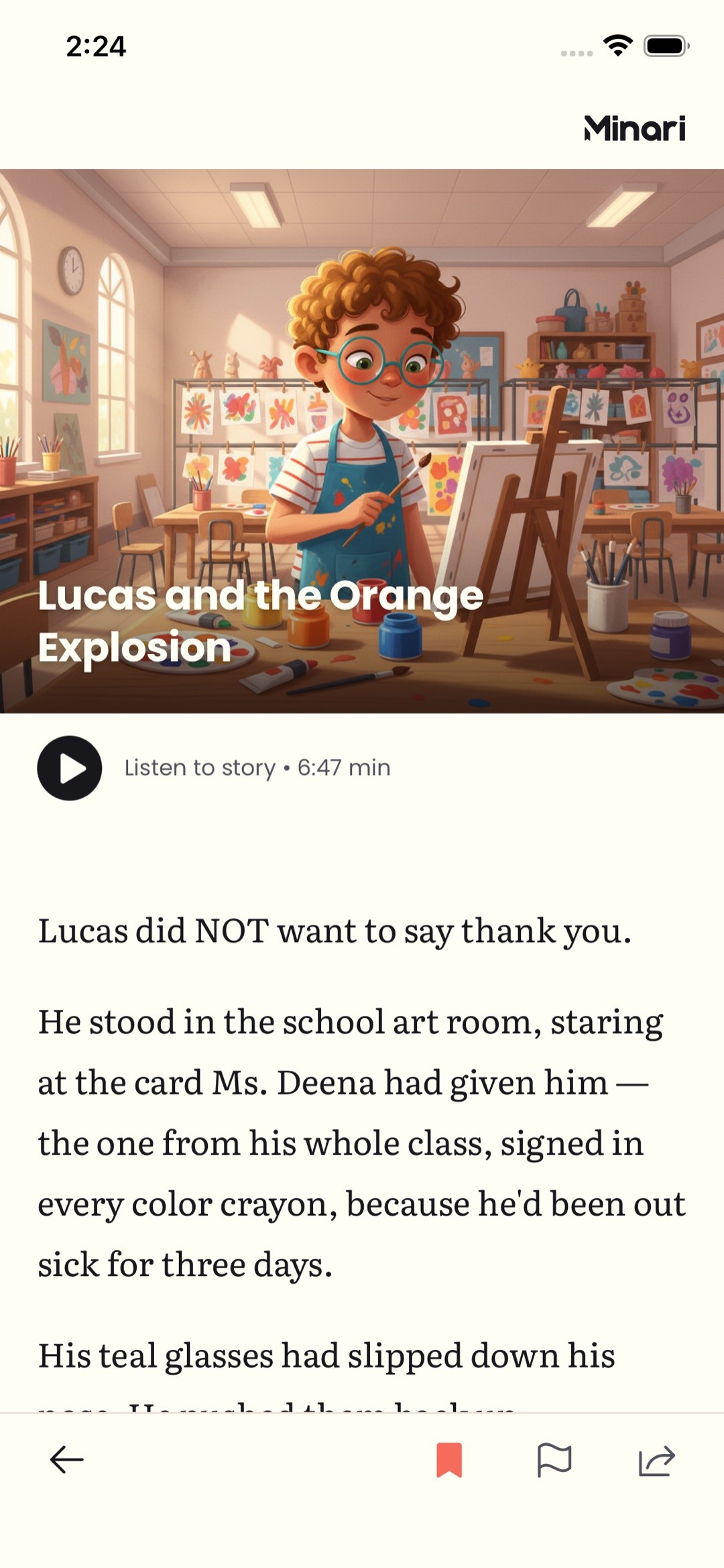 A finished, fully illustrated personalized Minari story open in the reader, starring the child as the hero