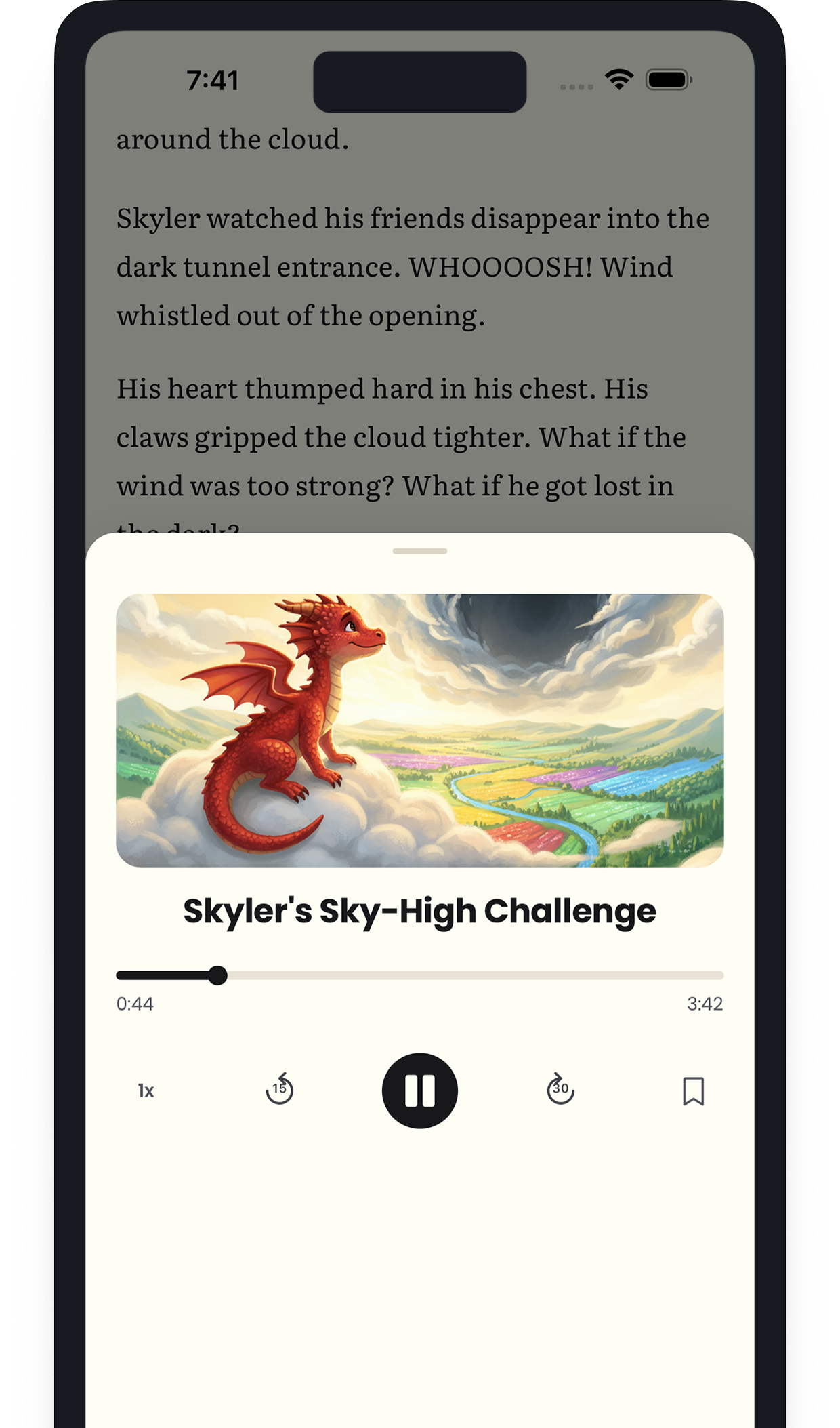 The Minari audio player on an iPhone, narrating a personalized story aloud