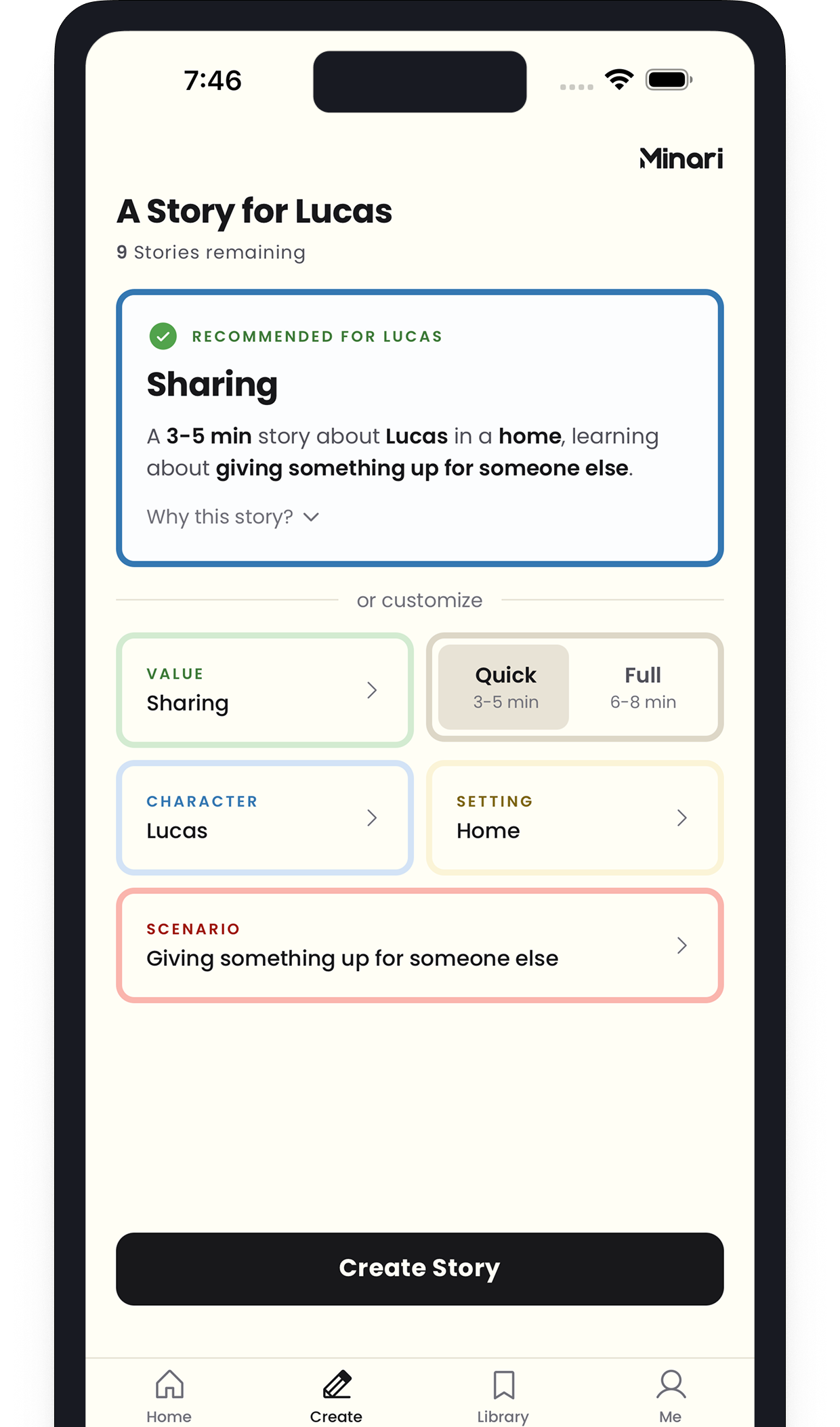 Minari app story creation screen showing theme, character, setting, and scenario options