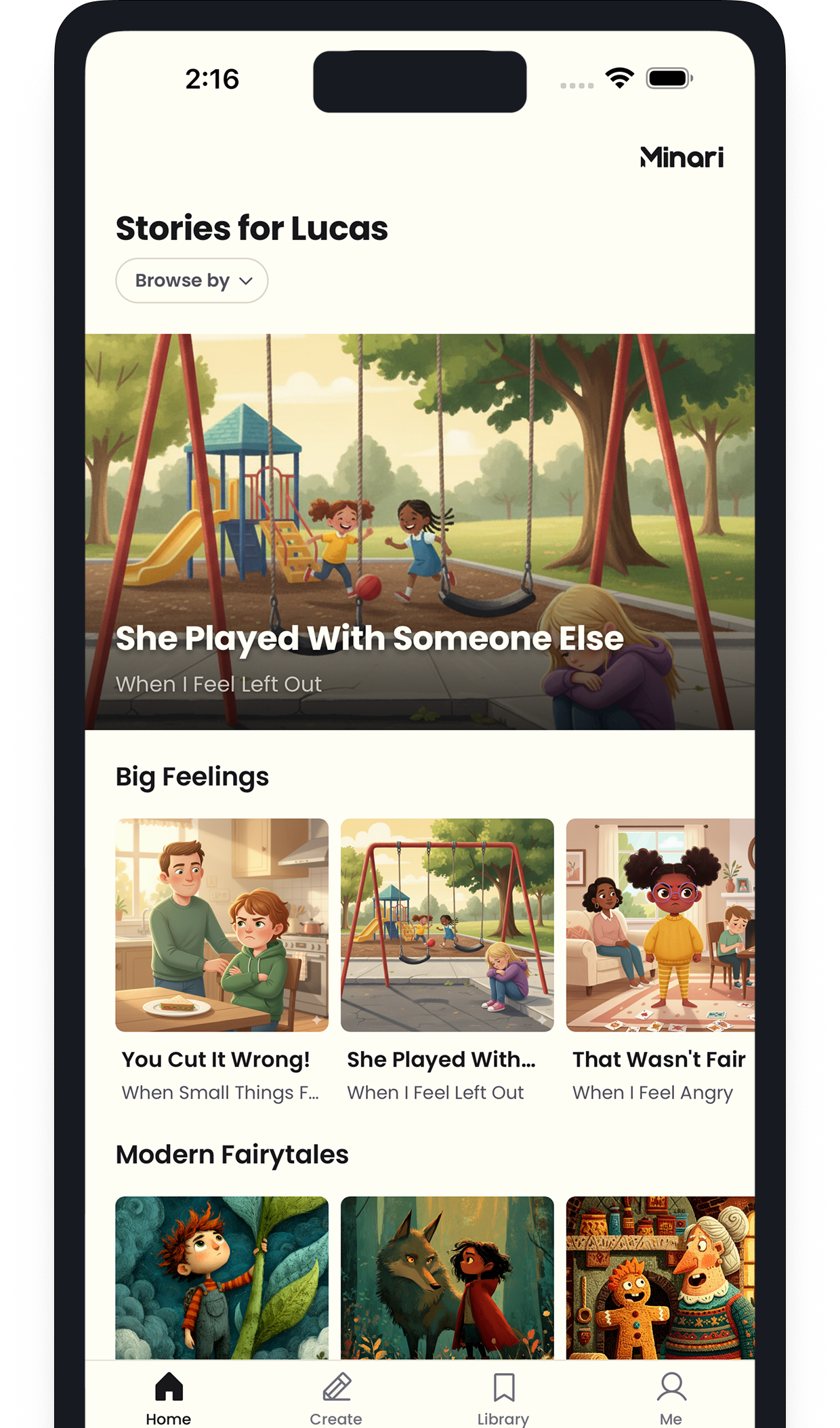 Minari app feed of stories recommended for the child based on what they love