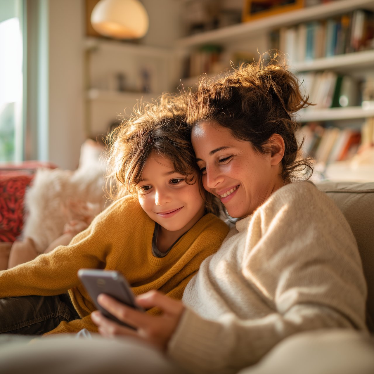 A parent and child curled up on the couch, smiling as they read a Minari story together on a phone