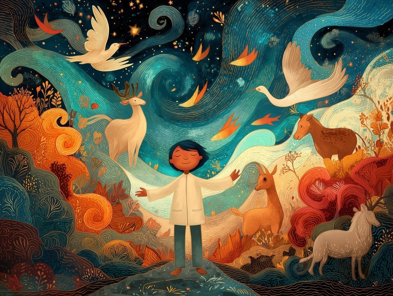 Illustrated vignette of a parent and child sharing a story as its world comes to life around them