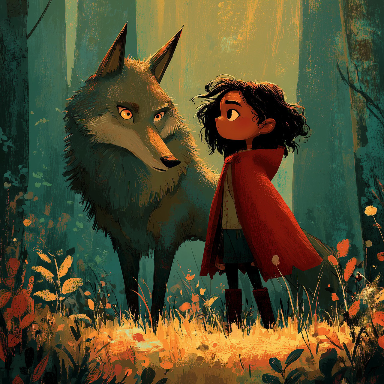 Illustration of Little Red Riding Hood and the wolf standing together in a forest clearing, looking at each other as friends